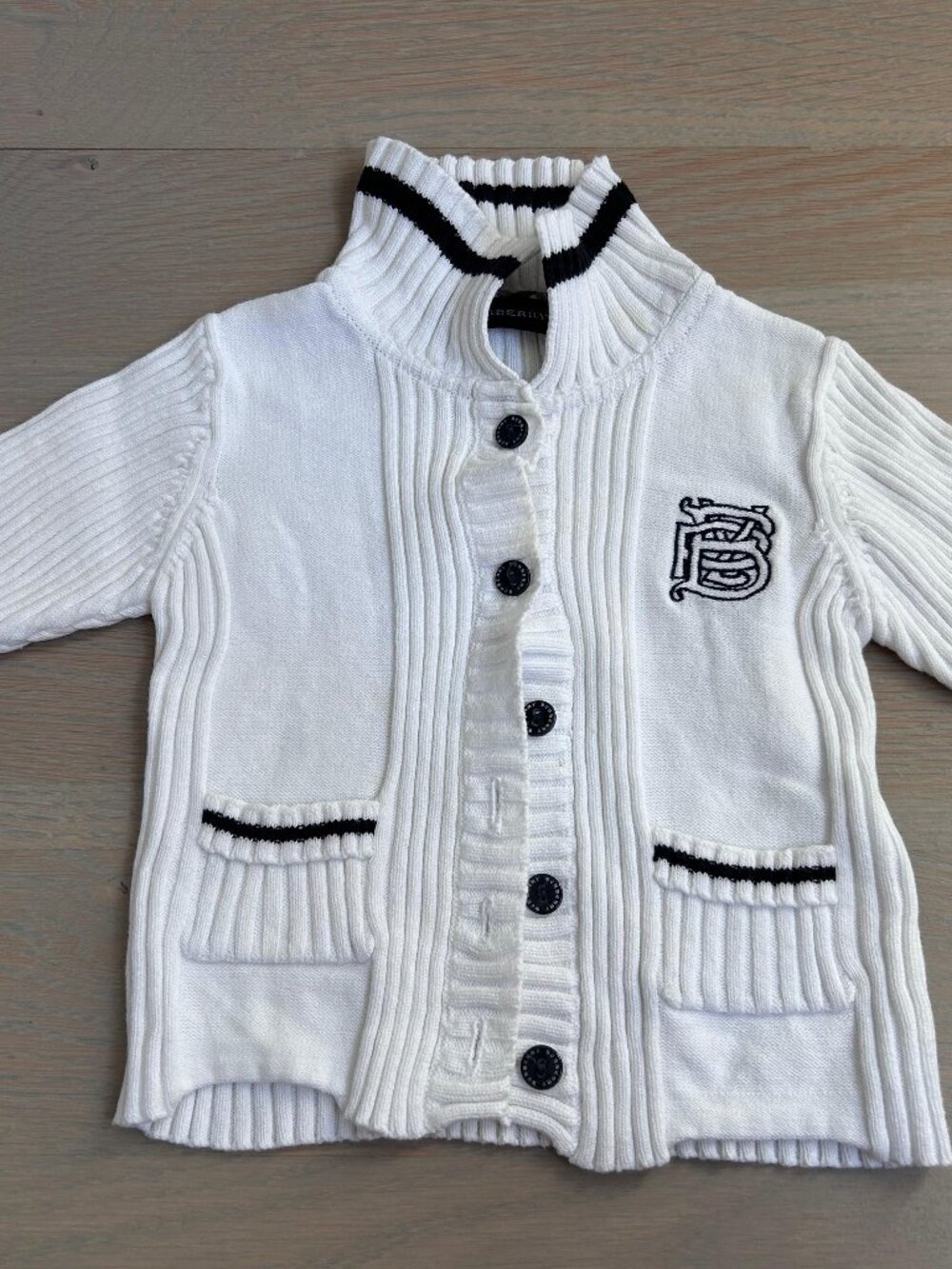 Burberry Baby 3M White Ribbed Knit Cardigan Jacket Black Trim Logo